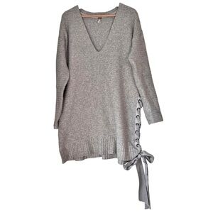 Free People Heart It Lace Up Gray Sweater Dress Size Large Side Tie V-Neck